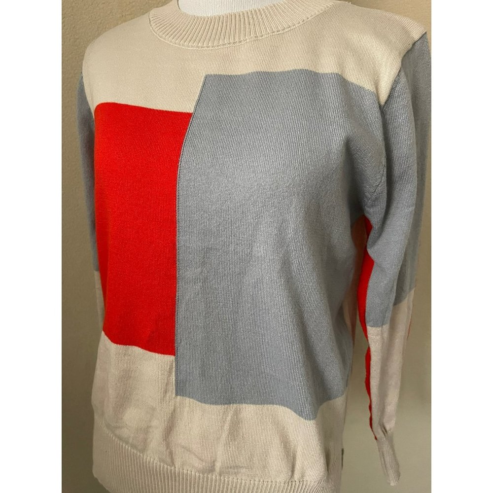 Women's Tan/Gray/Red Color Block Long Sleeve Knit Shirt - Picture 11 of 11